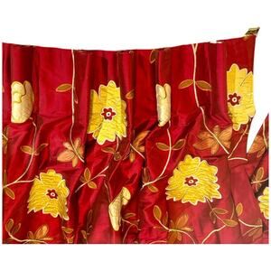2 x Custom Silk Taffeta Embroidered Floral Red Yellow Lined Drapery Panels 24x98
